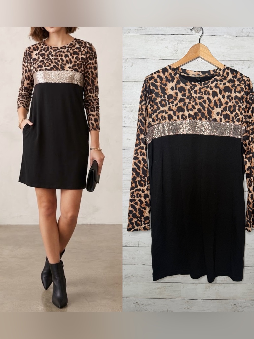 Emery Rose Leopard Print Gold Sequins Black Long Sleeve Dress Size L